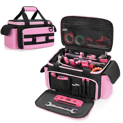 Rexmica Pink Tool Bag for Women, Tool Storage Organizer with Anti-friction and Thick Padded Bottom, Tactical Range Bag, Multi-functional Work Bag for Repairman, Electrician, Carpenters, Pink - Image 1