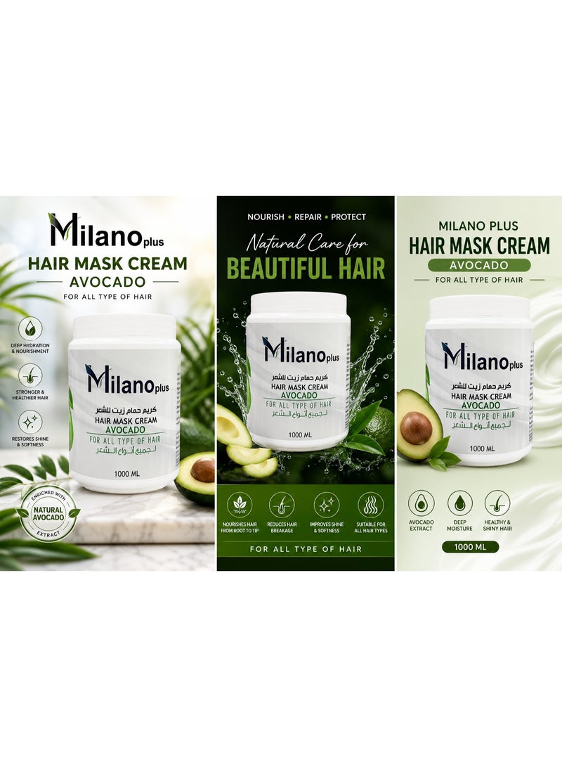 Milano Plus Hair Mask Cream Avocado 1000ml  Infused with Real Extracts for Natural shine and care for Hair | Salon Care at Home - Image 2