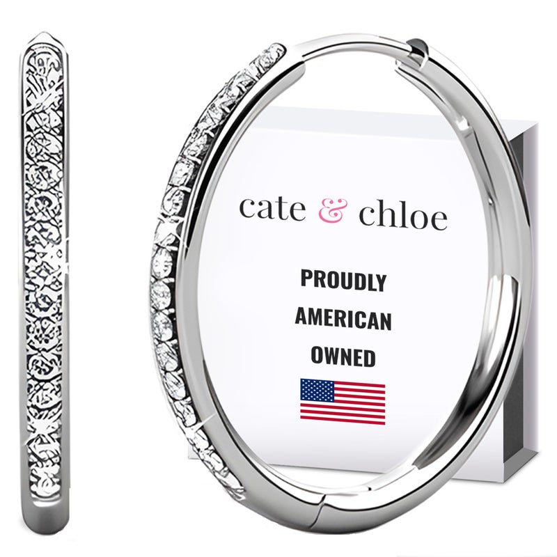 Cate & Chloe Bianca 18K White Gold-Plated Hoop Earrings | Elegant Jewelry for Women with Round Cut Simulated Diamond Crystals | 25mm Silver Hoops Holiday Gift for Her on Christmas, Birthday - Image 1