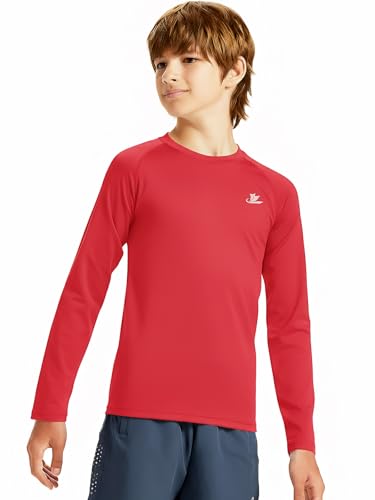 DEVOROPA Youth Boys Compression Thermal Shirt Long Sleeve Fleece Baselayer Soccer Baseball Undershirt Red M - Image 2