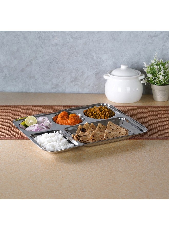 Sumeet Sumeet Stainless Steel Rectangular 5 in 1 Compartment Lunch/Dinner Plate 1Pc, 33.5cm Dia, Silver - Image 3