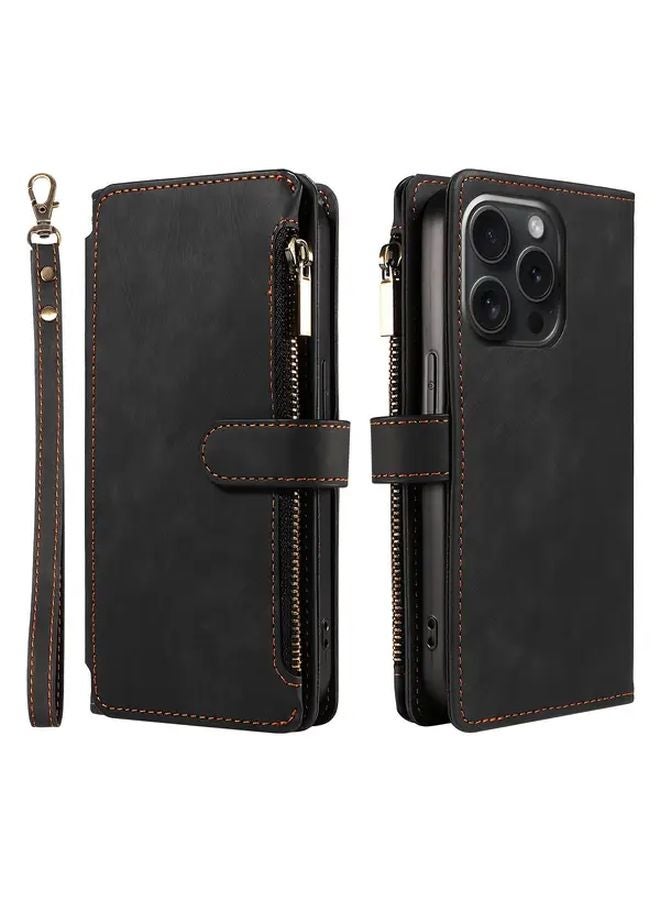 حافظة هاتف جالاكسي A23 5G من الجلد الصناعي الأسود مع حامل البطاقات ورباط المعصم - Image 1