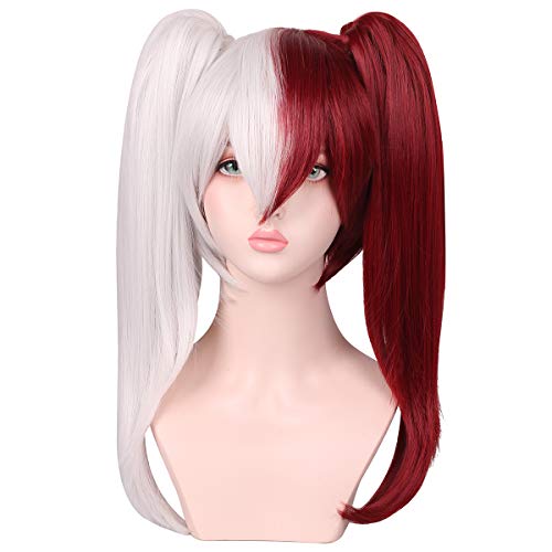 ColorGround Female Anime Cosplay Wig Silver White Dark Red with Ponytails - Image 1