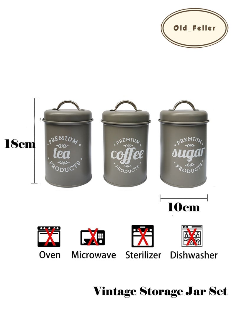 Old_Feller 3-Piece Vintage Storage Can Set, Airtight Kitchen Containers Decorations with Lids, Coffee, Tea, Sugar Metal Containers Jars, Decorative Kitchen Food Canister Jars Gery - Image 4