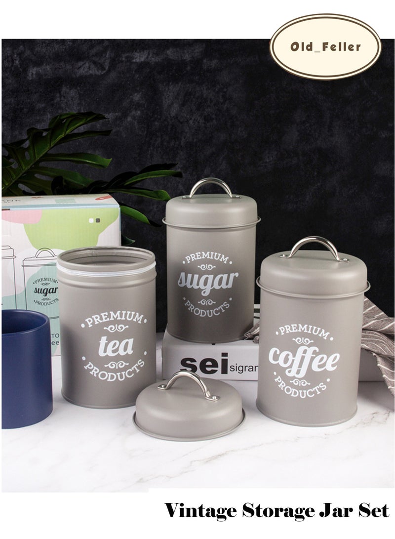 Old_Feller 3-Piece Vintage Storage Can Set, Airtight Kitchen Containers Decorations with Lids, Coffee, Tea, Sugar Metal Containers Jars, Decorative Kitchen Food Canister Jars Gery - Image 2
