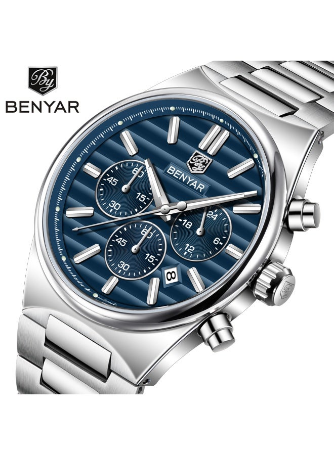 BENYAR Mens Watches Multifunction Chronograph Date Quartz Watch for Men Stainless Steel Band Wrist Watch Gift for Men Casual Business - Image 1