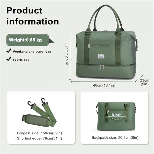TANTOMI Travel Duffle Bag for Women Personal Item Travel Bag with Shoes Compartment Weekender Overnight Bag Carry On Duffle Bag Tote Gym Bag for Travel Sports Hospital Dance Green - Image 3