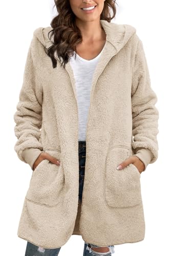 Yanekop Womens Fuzzy Fleece Jacket Fall Winter Faux Fur Coat Sherpa Jacket Open Front Cardigan Outerwear with Pockets(B Khaki,XL) - Image 3