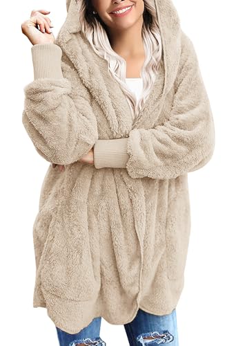 Yanekop Womens Fuzzy Fleece Jacket Fall Winter Faux Fur Coat Sherpa Jacket Open Front Cardigan Outerwear with Pockets(B Khaki,XL) - Image 2