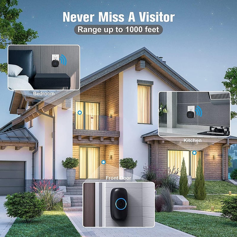 SECRUI Wireless Doorbell with 3Receivers 2 Push Buttons, Easy installation, Adjustable Volume, 58 Chimes, Colorful LED, 1000Ft Range, M520+F55, Black - Image 5
