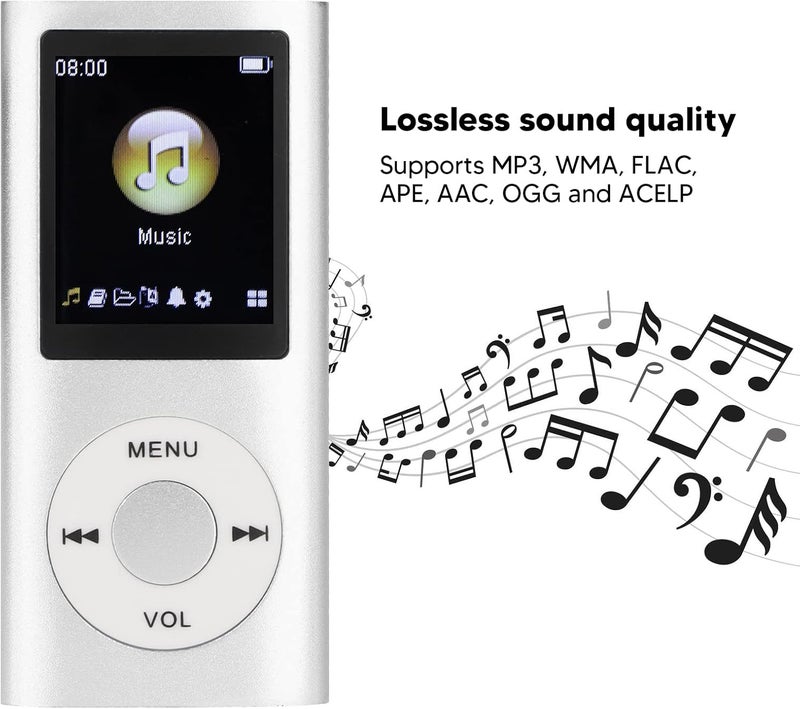 klarako MP3 Music Player, Superior Sound Stylish Multifunctional Lossless Sound Slim 1.8 Inch LCD Screen Portable MP3 Music Player with Charging Cable and Earphone (Silver) - Image 2