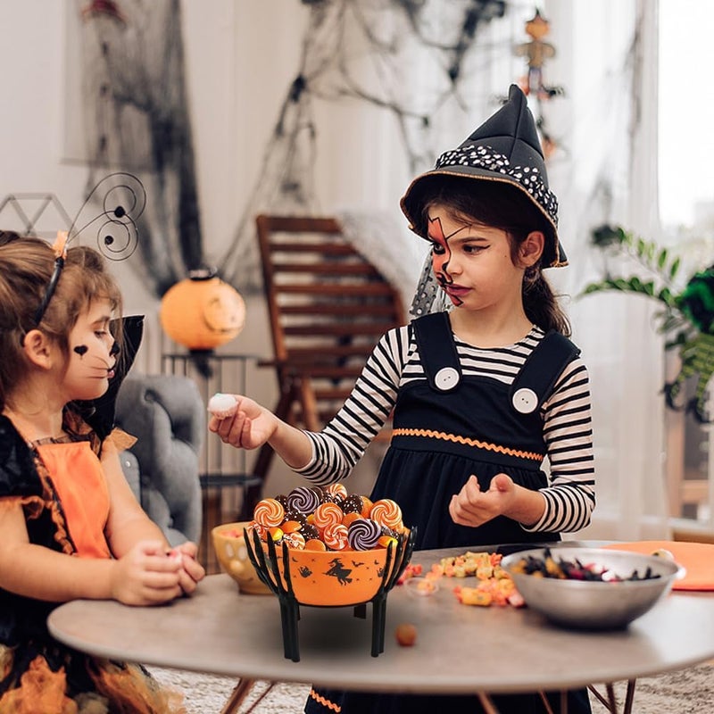 Colodeol 2 Pcs Halloween Candy Bowl with Holder Plastic Trick or Treat Bowls Large halloween Party Plastic Serving Bowl Tableware Candy Holders Party Supplies(Purple Orange) - Image 4