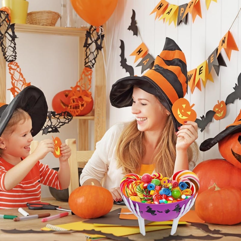 Colodeol 2 Pcs Halloween Candy Bowl with Holder Plastic Trick or Treat Bowls Large halloween Party Plastic Serving Bowl Tableware Candy Holders Party Supplies(Purple Orange) - Image 3