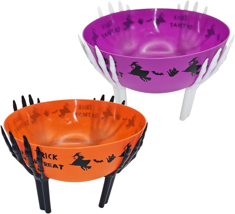 Colodeol 2 Pcs Halloween Candy Bowl with Holder Plastic Trick or Treat Bowls Large halloween Party Plastic Serving Bowl Tableware Candy Holders Party Supplies(Purple Orange) - Image 1