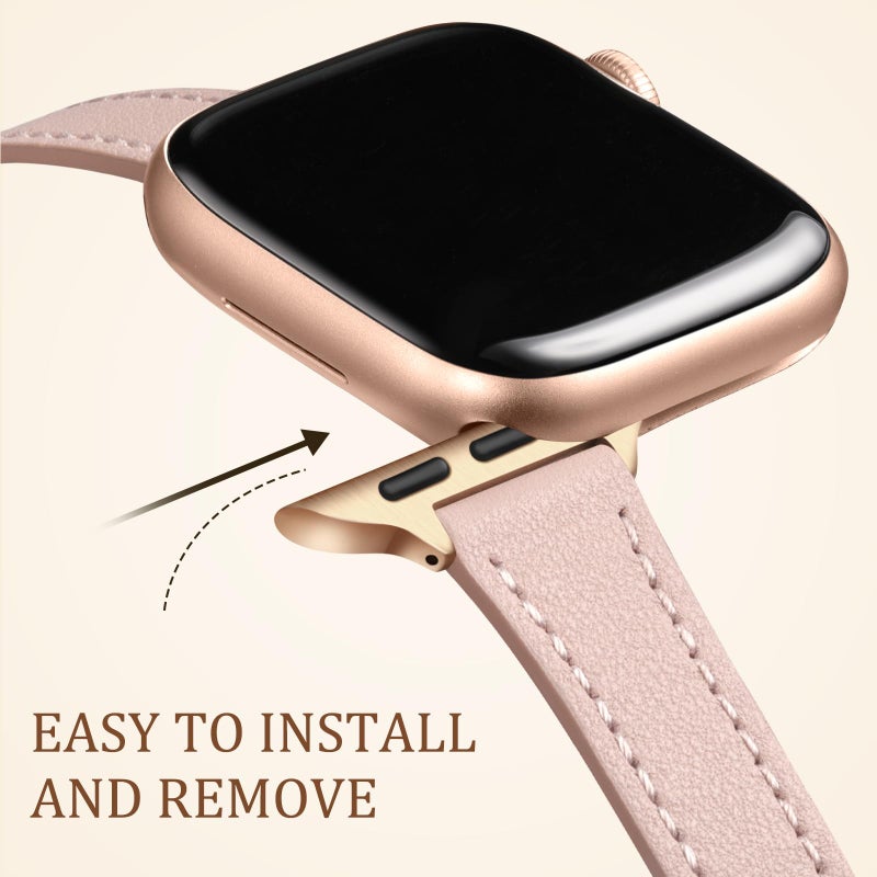 Charlam Slim Leather Band Compatible with Apple Watch Band 40mm 38mm 41mm 42mm 44mm 45mm 46mm Women, Top Grain Genuine Leather Strap Thin Wristband for iWatch Series 10 9 8 7 6 5 4 3 2 1 SE Ultra,Pink - Image 4