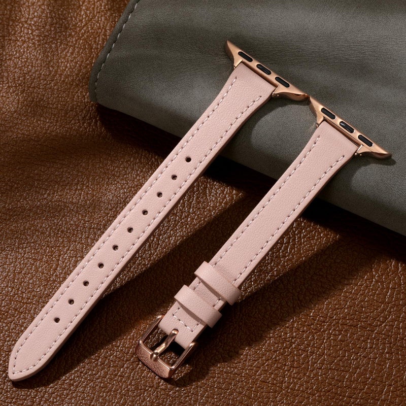 Charlam Slim Leather Band Compatible with Apple Watch Band 40mm 38mm 41mm 42mm 44mm 45mm 46mm Women, Top Grain Genuine Leather Strap Thin Wristband for iWatch Series 10 9 8 7 6 5 4 3 2 1 SE Ultra,Pink - Image 5