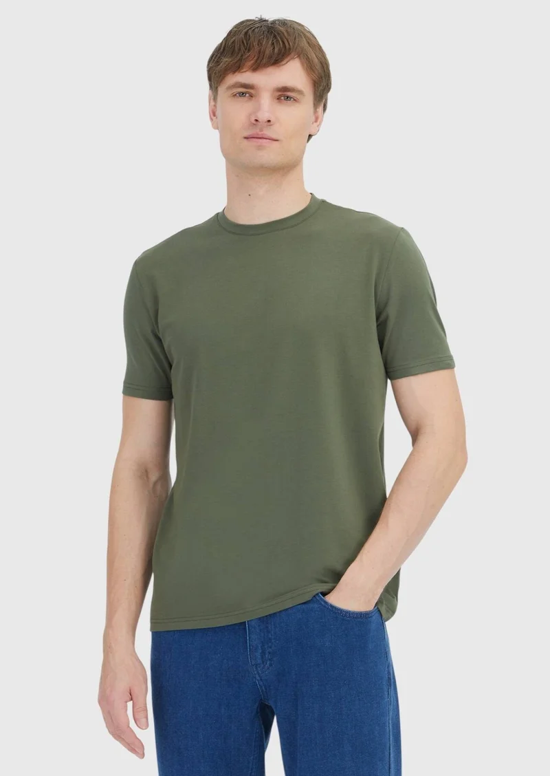 Ramsey Khaki Plain Crew Neck Cotton Blended T-Shirt