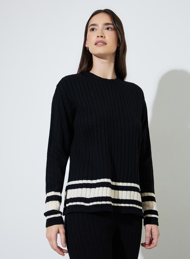 Styli Black Color Block Ribbed Knit Sweater and Pants Co-Ord Set - Image 2