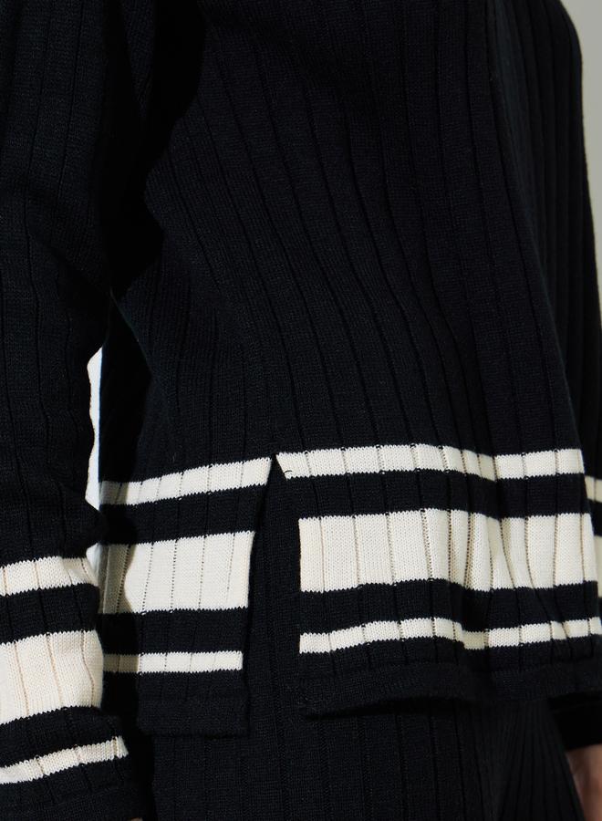 Styli Black Color Block Ribbed Knit Sweater and Pants Co-Ord Set - Image 4