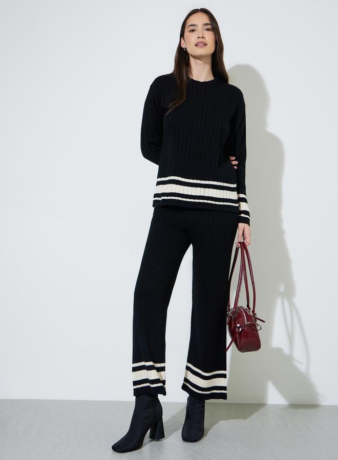 Styli Black Color Block Ribbed Knit Sweater and Pants Co-Ord Set - Image 1