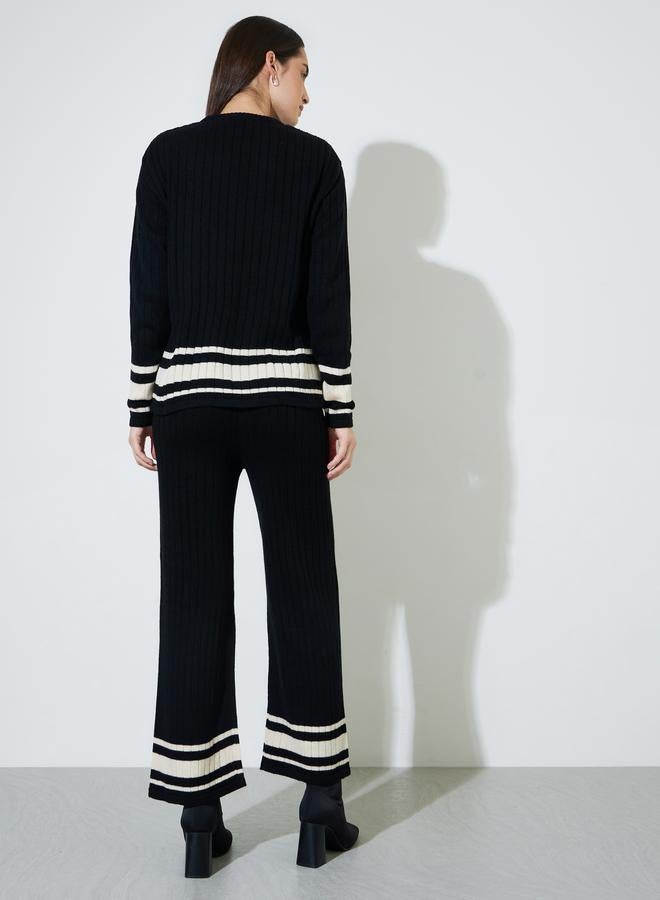 Styli Black Color Block Ribbed Knit Sweater and Pants Co-Ord Set - Image 3