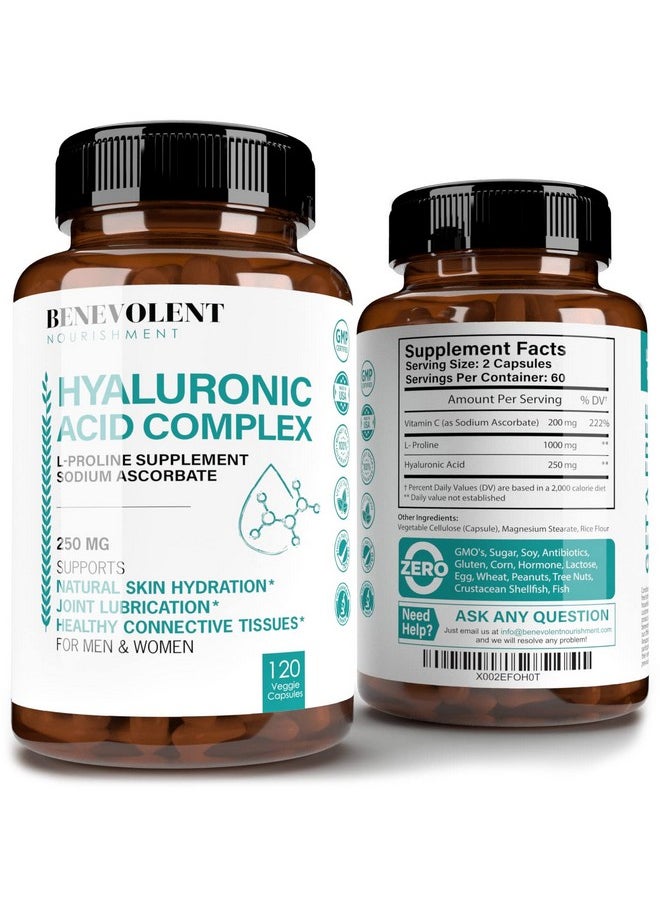 BENEVOLENT NOURISHMENT - Premium Hyaluronic Acid Supplements 250Mg With 200Mg Vitamin C & 1000Mg L Proline Nongmo 120 Capsules Anti Aging Promotes Youthful Healthy Skin Supports Healthy Connective Tissue And Joints - Image 1