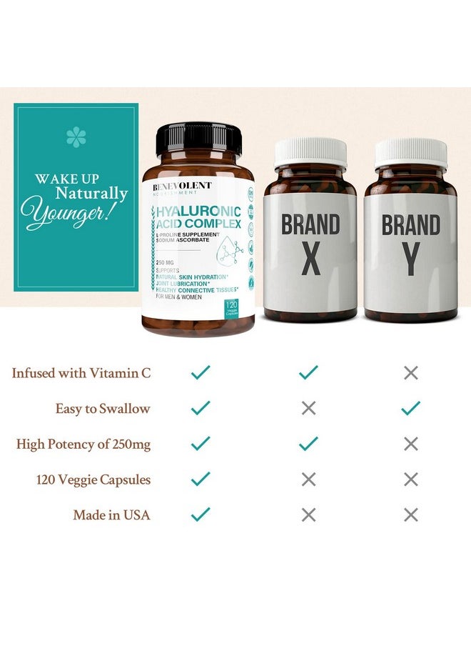 BENEVOLENT NOURISHMENT - Premium Hyaluronic Acid Supplements 250Mg With 200Mg Vitamin C & 1000Mg L Proline Nongmo 120 Capsules Anti Aging Promotes Youthful Healthy Skin Supports Healthy Connective Tissue And Joints - Image 1