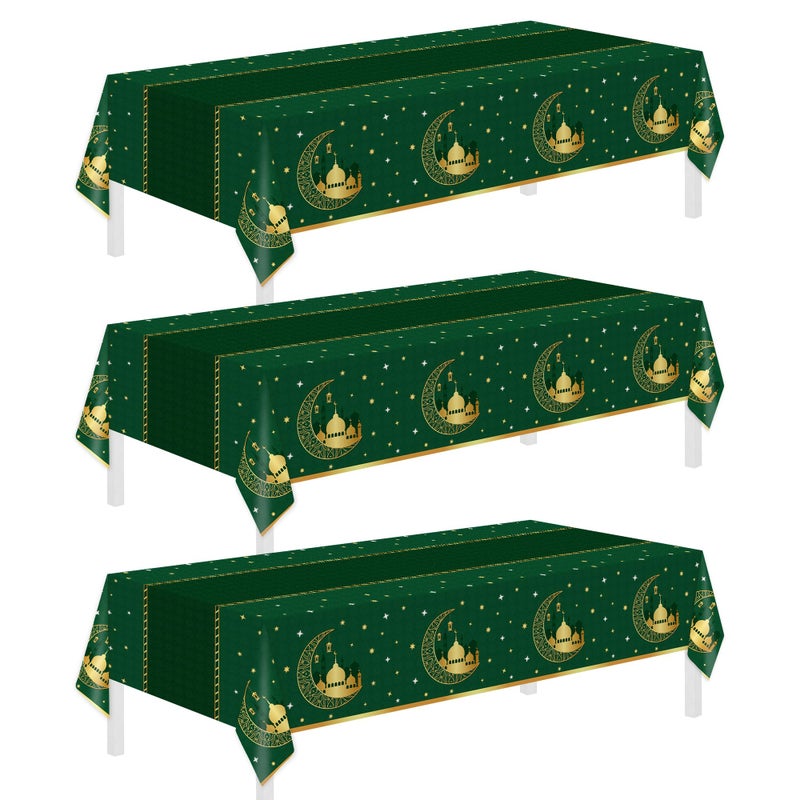 Childom 3 Pack Ramadan Table Cloth,Ramadan Decorations for Home,54" x 108" Eid Mubarak Decorations,Eid Ramadan Tablecloths Rectangular,Green Plastic Table Cloth Disposable Table Cover for Party Favors - Image 1