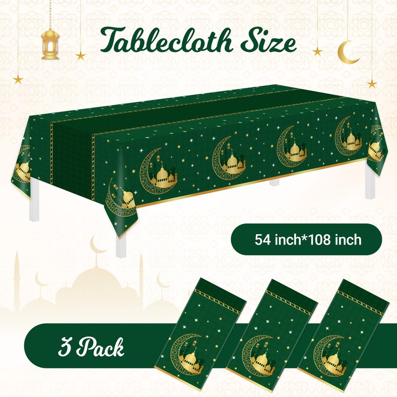 Childom 3 Pack Ramadan Table Cloth,Ramadan Decorations for Home,54" x 108" Eid Mubarak Decorations,Eid Ramadan Tablecloths Rectangular,Green Plastic Table Cloth Disposable Table Cover for Party Favors - Image 5