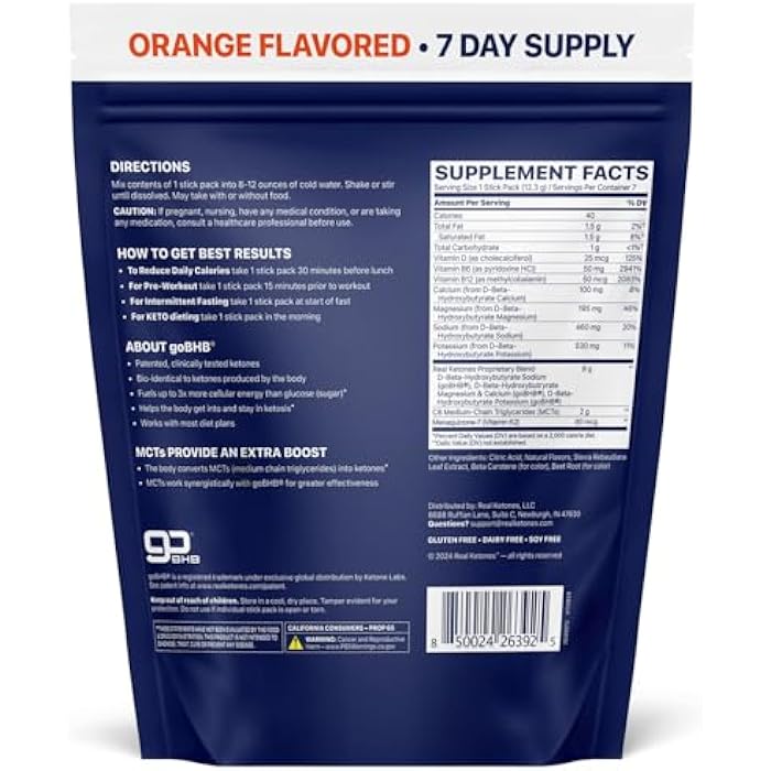 Real Ketones مشروبات مزيج كيتونات MCT و BHB الخارجية من ريل كيتونز - عبوات 7 حبة برتقالية، مسحوق إلكتروليتات كيتو بدون سكر مع 4 إلكتروليتات رئيسية بالإضافة إلى كيتو BHB المرطب الخاص - Image 2