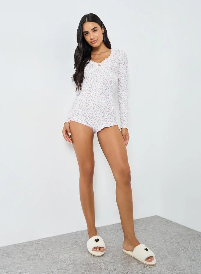 Styli Floral Printed Pointelle Full Sleeve Teddy