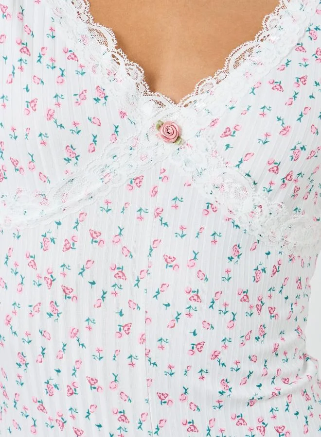 Styli  Floral Printed Pointelle Full Sleeve Teddy for Women | Best Price UAE