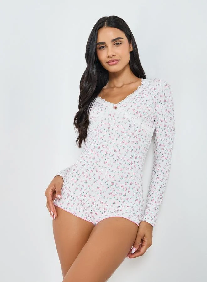 Styli Floral Printed Pointelle Full Sleeve Teddy