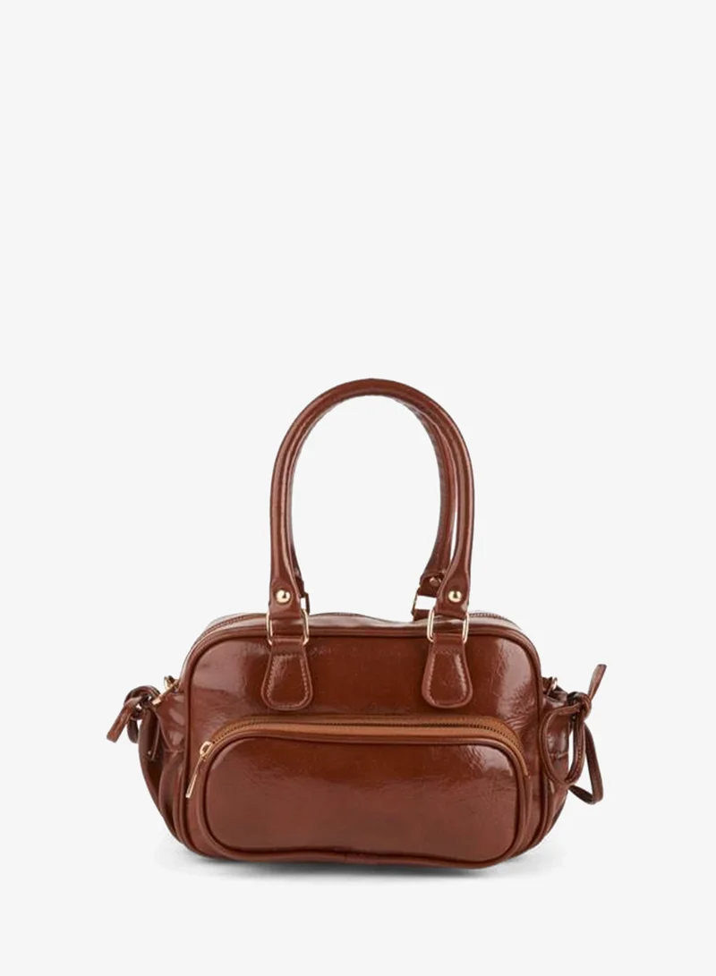 Women's Mila Taba Crinkled Shiny Faux Leather Zipper Closure Strap Hand, Arm and Shoulder Bag.