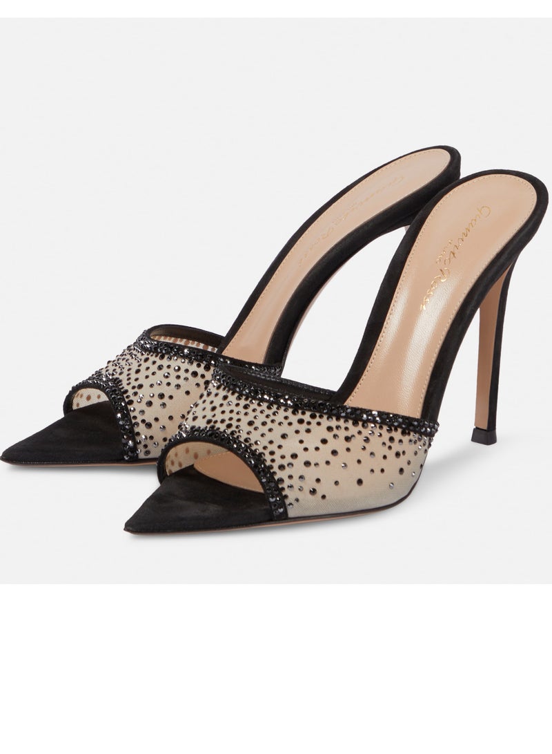 Loquat Women's Rhinestone Pointed Toe One Line Design High Heeled Sandals Stiletto Heel Open Toe Slip On Backless Fashion High Heels Slippers Black 7CM  - Image 1