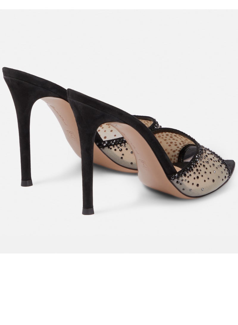 Loquat Women's Rhinestone Pointed Toe One Line Design High Heeled Sandals Stiletto Heel Open Toe Slip On Backless Fashion High Heels Slippers Black 7CM  - Image 2