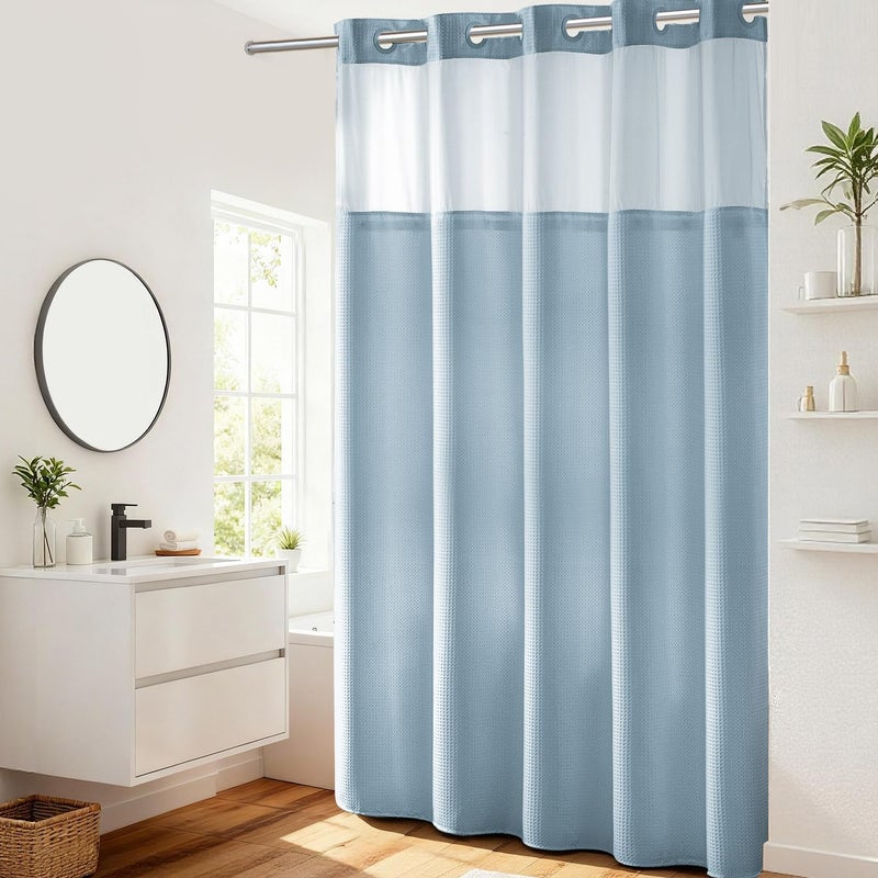River Dream Heavyweight No Hooks Required Dotted Waffle Weave Shower Curtain with Snap in Liner -Extra Long 71W x 86H,Hotel Grade,Spa Like Bath Curtain,Blue - Image 1