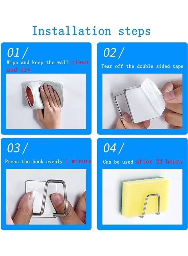 واي جيه حامل إسفنجة بتصميم 4 قطع للتركيب اللاصق لمغسلة المطبخ، حامل إسفنجة من الفولاذ المقاوم للصدأ 304 لإكسسوارات مطبخ المغسلة - Image 3