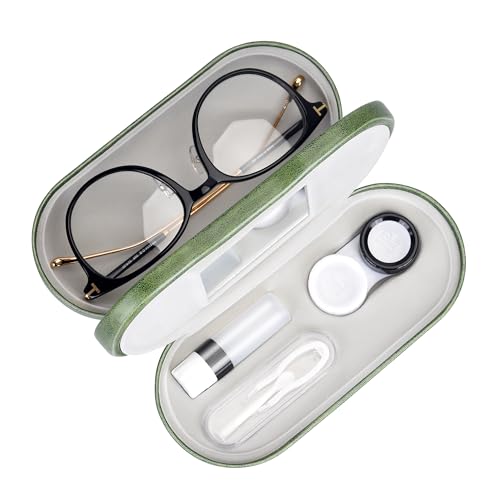 Muf 2 in 1 Contact Lens Case and Glasses Case, Double Sided Design with Mirror, Portable Travel Kit with Tweezer, Remover and Solution Bottle, Green - Image 1