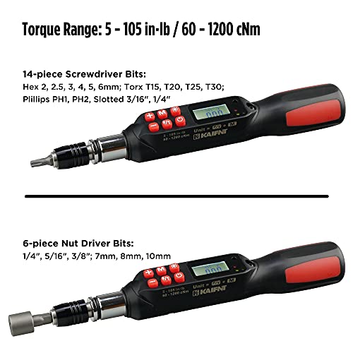 KAIFNT K551 Digital Torque Screwdriver/Wrench Set, 5 to 85 in·lbs, Buzzer/LED Flash Notification, Dual Direction - Image 3