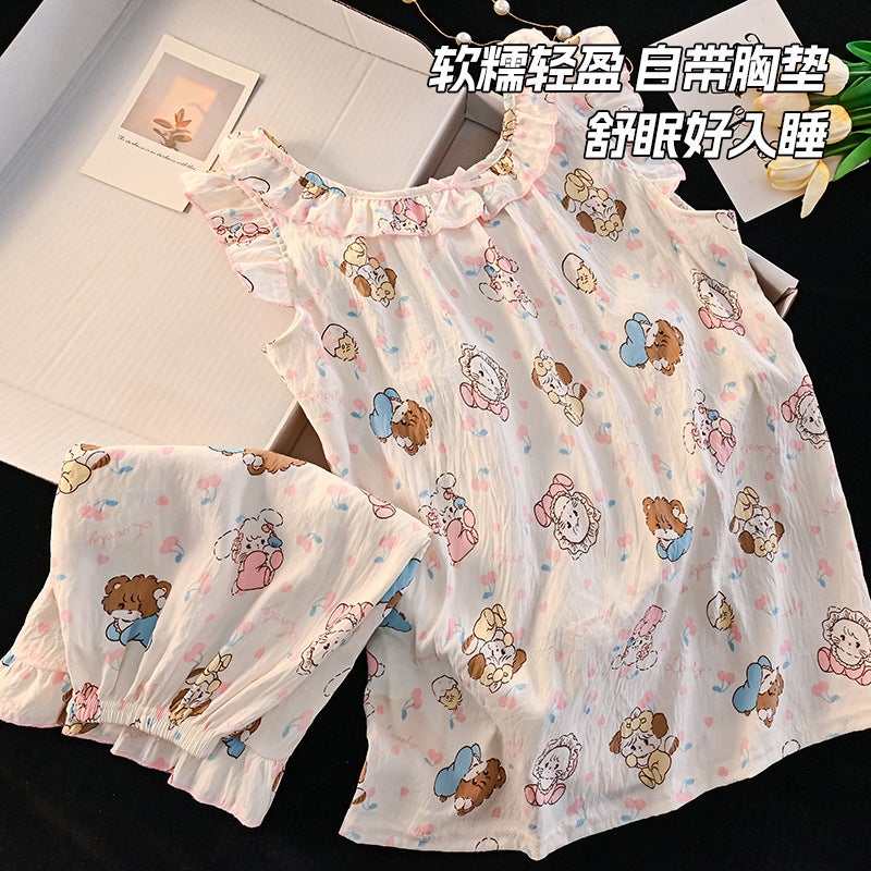 Style Cloud Cotton Girl'S Suspender Belt With Breast Pad Casual Bow Sweet Women'S Home Wear Set - Image 1