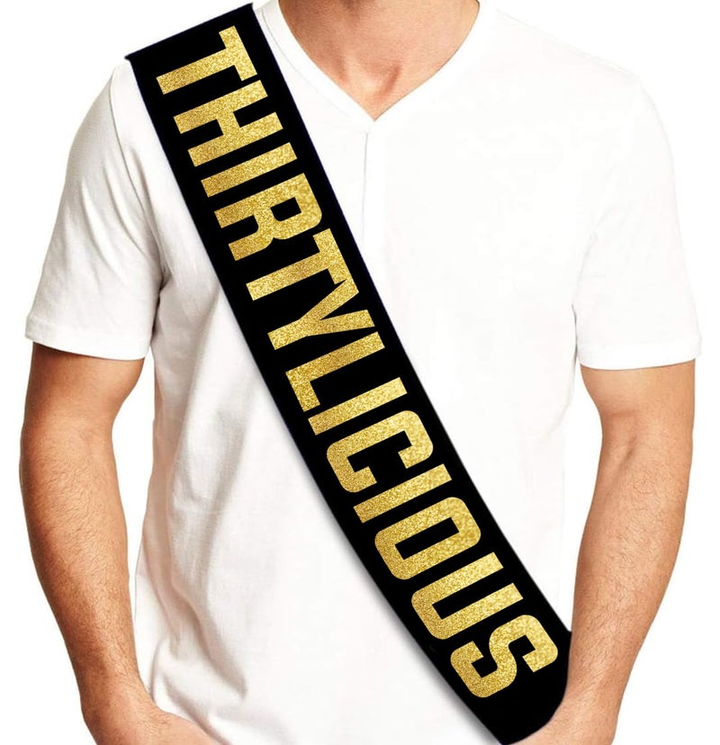 Sterling James Co. Thirtylicious Black and Gold Glitter Satin Sash - Happy 30th Birthday Party Supplies, Ideas and Decorations - Image 2