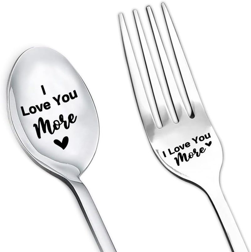 yaozeio I Love You More Spoon Fork for Him Her Couple Gifts for Boyfriend Girlfriend Anniversary Birthday Gifts for Wife Husband Dinner Dessert Forks Christmas Xmas Gifts for Mom Dad Ice Cream Spoons - Image 1