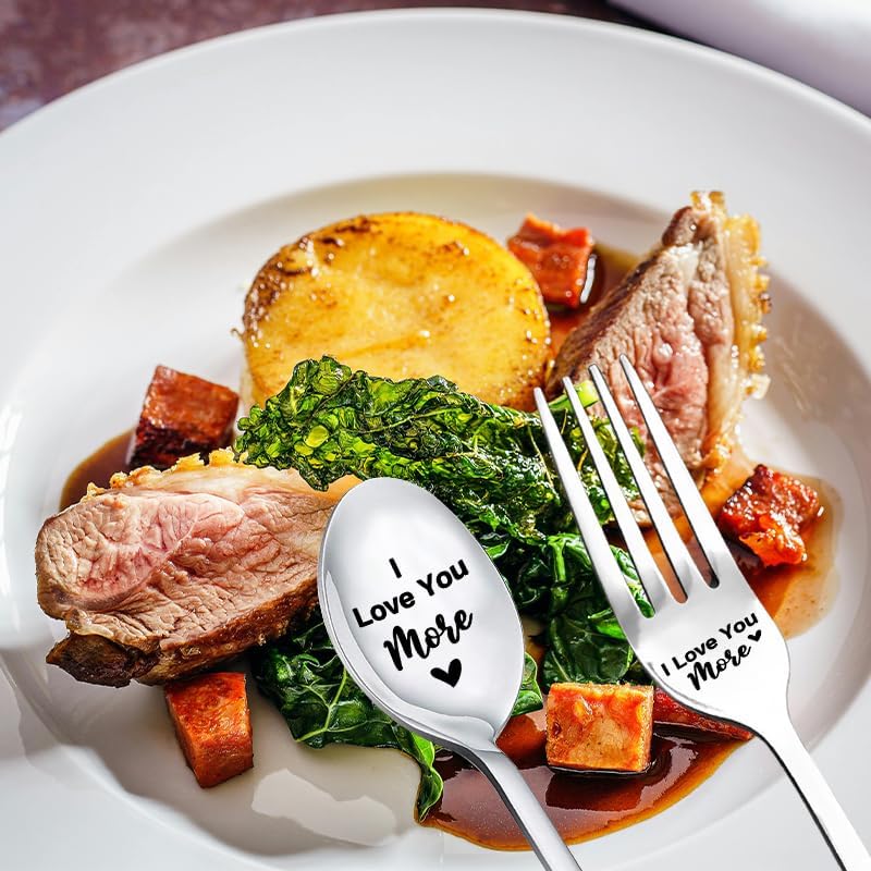 yaozeio I Love You More Spoon Fork for Him Her Couple Gifts for Boyfriend Girlfriend Anniversary Birthday Gifts for Wife Husband Dinner Dessert Forks Christmas Xmas Gifts for Mom Dad Ice Cream Spoons - Image 5
