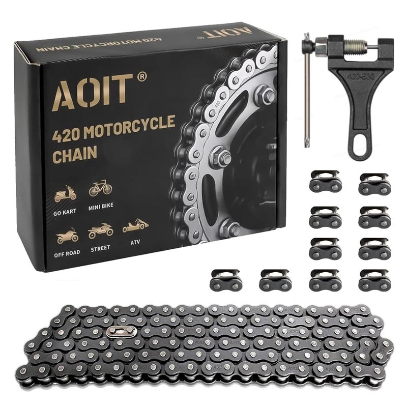 AOIT 420 Motorcycle Chain 132 Links - 420 Chain for 50 70 90 110 125cc 212cc TaoTao Coolster Apollo Baja Kazuma Chinese ATV, 420 Chain for Mini Bike Go Kart, Free Chain Breaker Included - Image 1