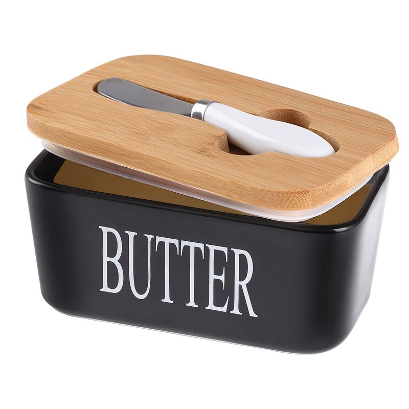 Wrixty Butter Dish Box with Bamboo Lid Covered Butter Keeper with Butter Knife for Countertop Airtight Butter Container with Cover Perfect for East West Coast Butter Black Color