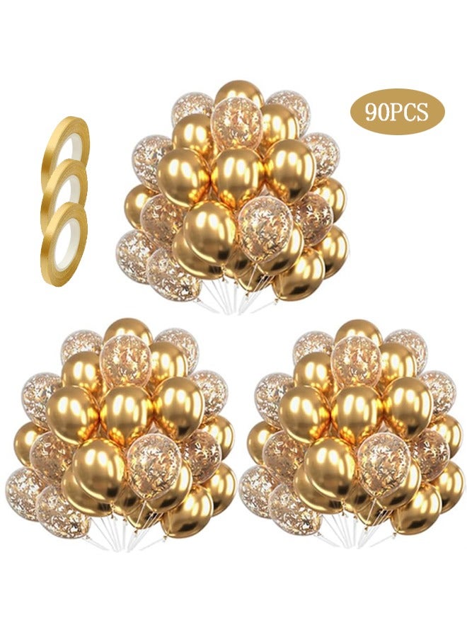 90PCS 12-inch Balloons with Gold Ribbon for Party Birthday Wedding Bridal Shower Decorations  - Image 1