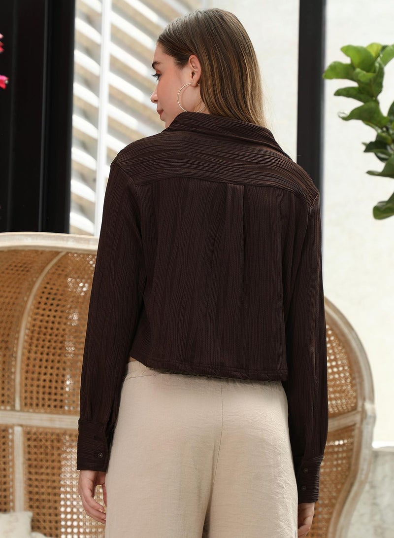 PINACOLADA Pinacolada Women's Chocolate Brown Swirl-Tactile Cropped Shirt For Casual Wear | Spread Collar | Long Cuffed Sleeves | Button Closure | Shirt Designed With Comfortable Fit For Woman & Girls - Image 5