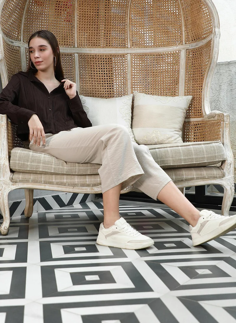 PINACOLADA Pinacolada Women's Chocolate Brown Swirl-Tactile Cropped Shirt For Casual Wear | Spread Collar | Long Cuffed Sleeves | Button Closure | Shirt Designed With Comfortable Fit For Woman & Girls