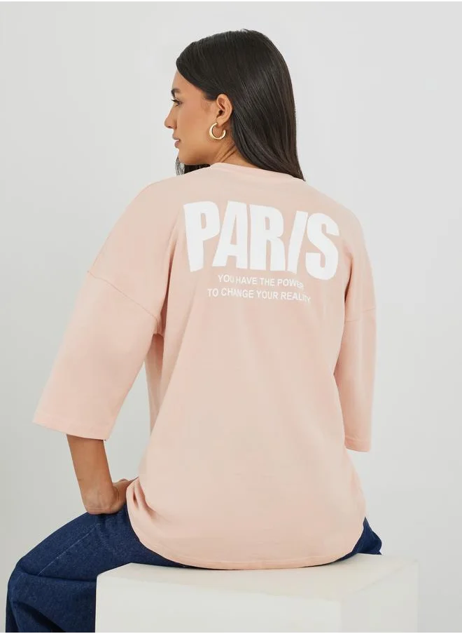 ستايلي Styli Slogan Print Exaggerated Shoulder Oversized T-Shirt